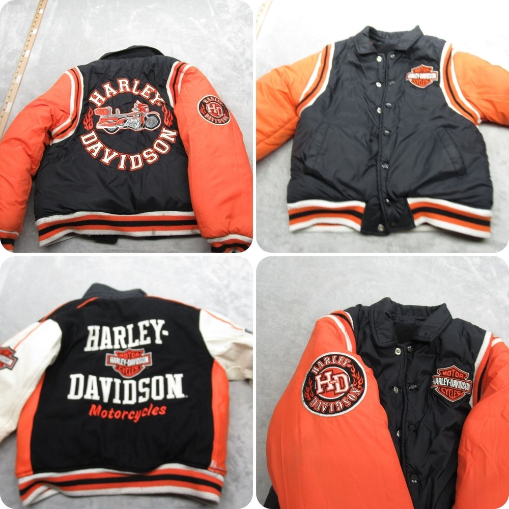 Harley Davidson Jacket Youth Medium 12-14 Orange Wool Varsity Reversible READ